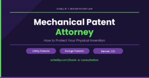 Banner for a Mechanical Patent Attorney: bold white 'Mechanical Patent' with bright green 'Attorney', subtitle 'How to Protect Your Physical Invention', three purple pill buttons 'Utility Patents', 'Design Patents', 'Denver, CO', and a green URL link.