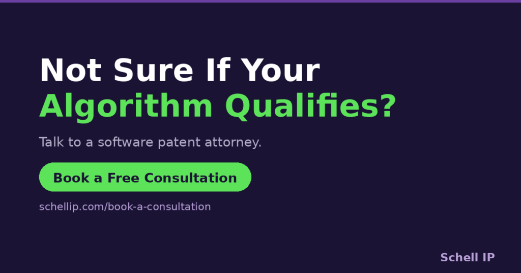 Hero banner for a software patent ad: dark purple background with white text 'Not Sure If Your Algorithm Qualifies?' and lime green 'Algorithm Qualifies?', subtitle 'Talk to a software patent attorney', a bright green rounded 'Book a Free Consultation' button, and the URL schellip.com; Schell IP logo at bottom right.