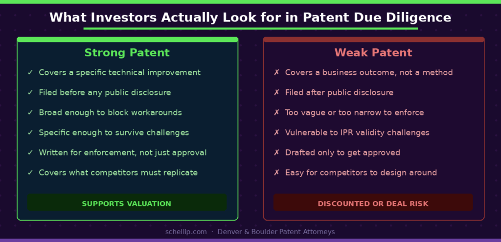 infographic-patent-due-diligence-checklist | Schell IP: Premier Patent Law Support patent valuation due diligence checklist strong versus weak patents for startup investors