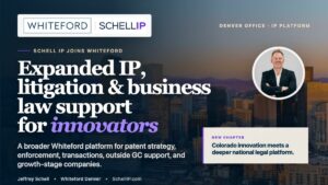 Hero banner announcing expanded IP and business law support for innovators, with Whiteford Schell IP logos and city skyline backdrop.