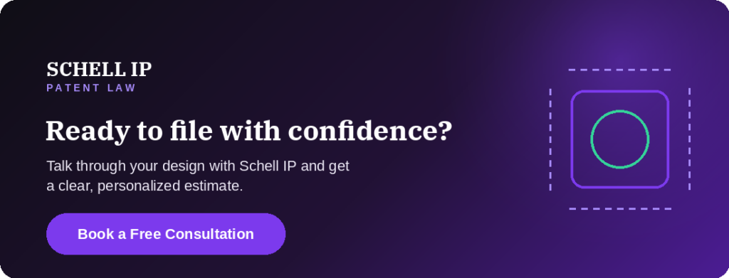design-patent-application-cta | Schell IP: Premier Patent Law Support Schell IP call to action inviting inventors to book a free consultation to discuss their design patent application