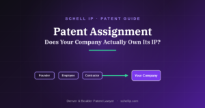 Patent assignment guide from Schell IP showing inventions from a founder, employee, and contractor transferring to the company, with the question "Does your company actually own its IP?"