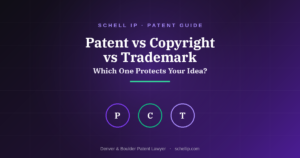 Patent vs copyright vs trademark guide from Schell IP, a Denver and Boulder patent law firm, showing the three types of intellectual property protection
