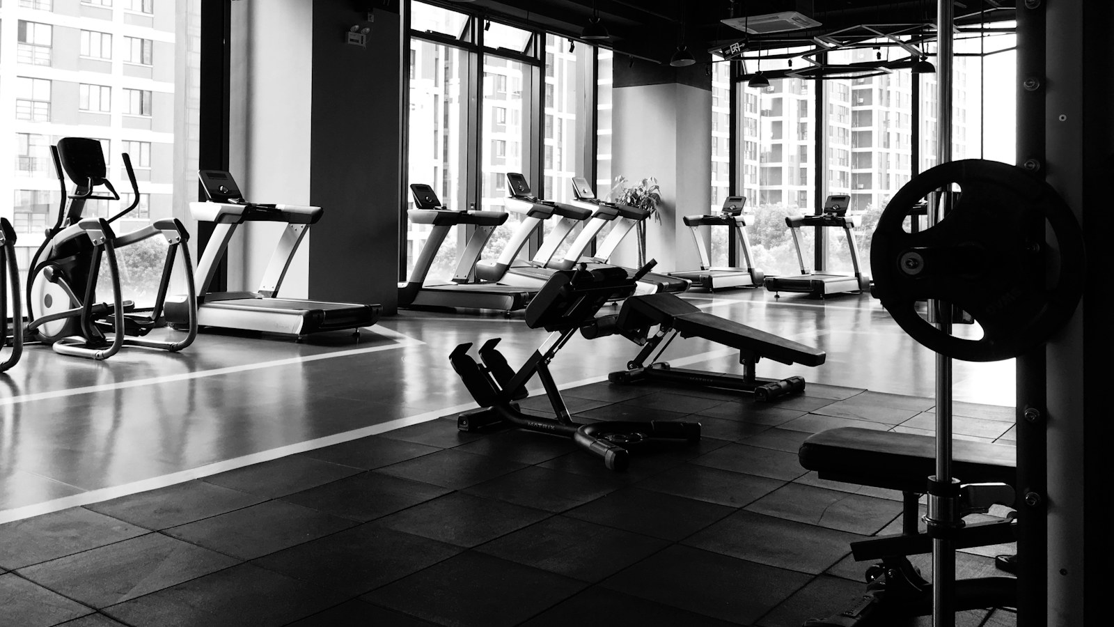 Fitness machines and training equipment in a gym